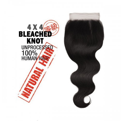 Unprocessed 100% Natural Human Hair BODY WAVE 4X4 BLEACHED KNOT LACE CLOSURE 12"